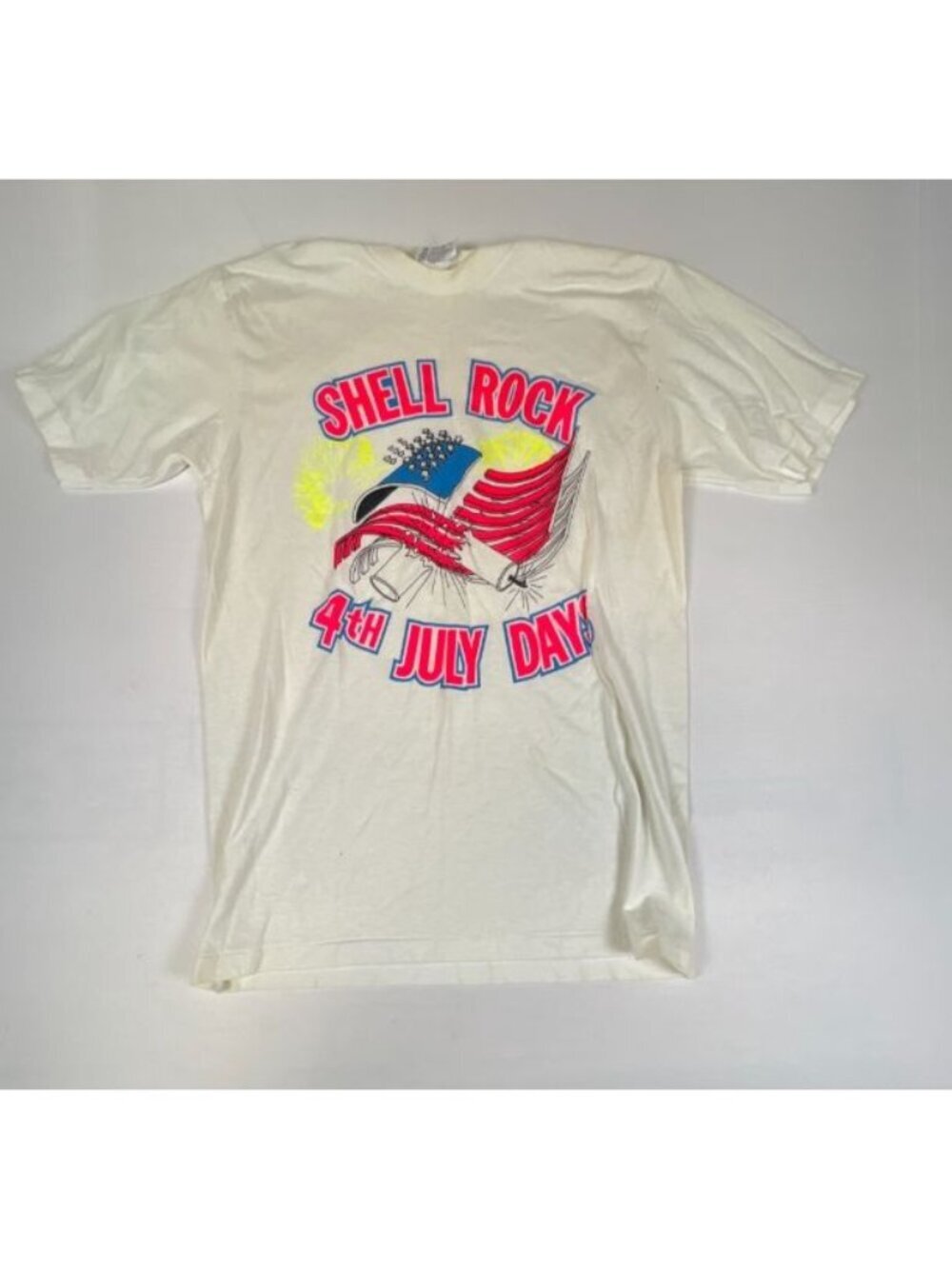 Vintage Hanes Shell Rock 4th July Day T-Shirt Men M Cream Graphic Tee USA Fabric